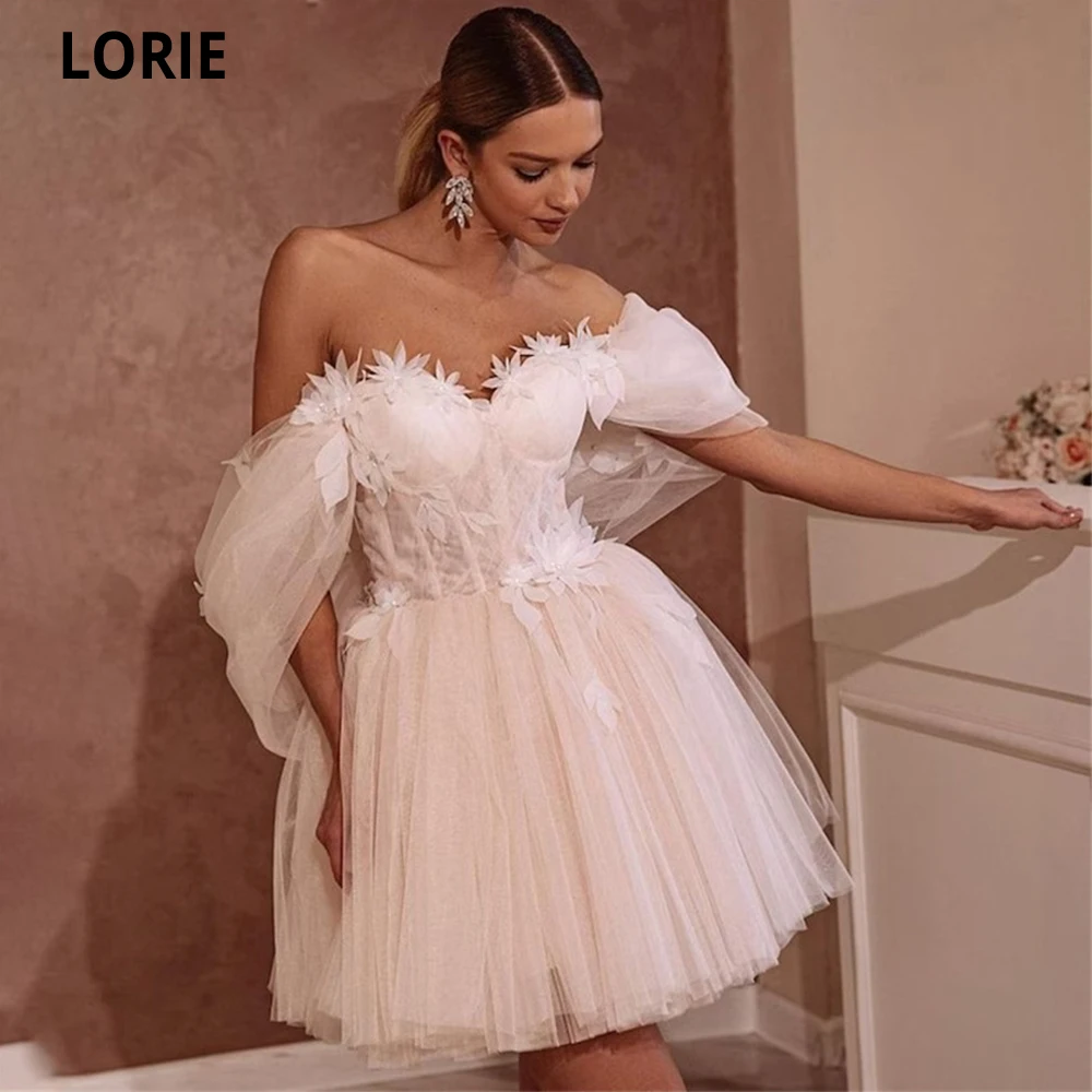 

LORIE Off Shoulder Short Tulle Evening Dresses Sweetheart Lace Appliques Vestidos De Festa Open Back Mini Wedding Party Dresses