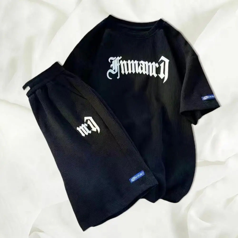 

Комплект спортивной одежды для активного отдыха мужской, пуловер, свитшот, шорты, круглым вырезом, эластичная талия, надпись, комплект летней одежды