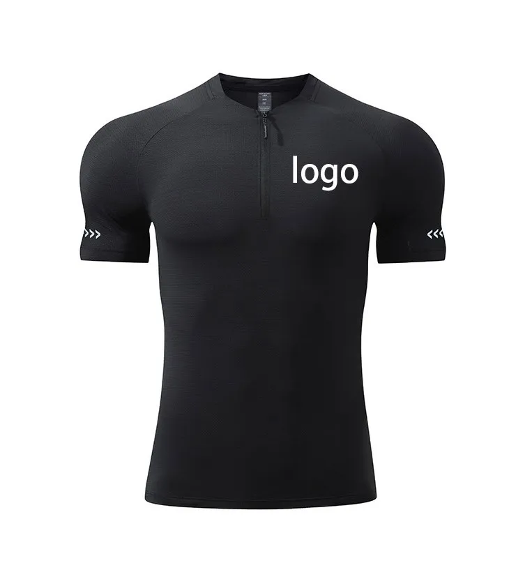 

Customized LOGO XS-5XL Plus Size Sports Quick Dry Short Sleeve Slim Fit Mesh T-shirt with Zipper Running Fitness Tight Fit