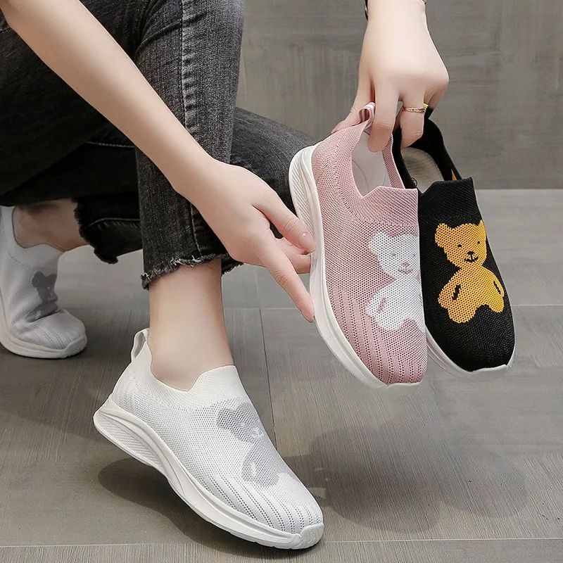 Women Knitted Vulcanized Shoes Platform Sneakers Female New Flat  Breathable LightweightCasual Bear  Zapatillas Mujer