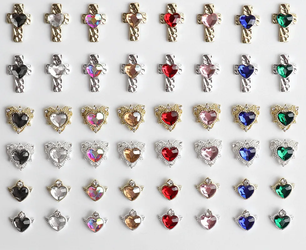 

10Pcs Colorful Nail Charms Zircon Full Diamond Metal Nail Art Rhinestone Alloy Heart Cross Nails Accessories Jewelry Manicure