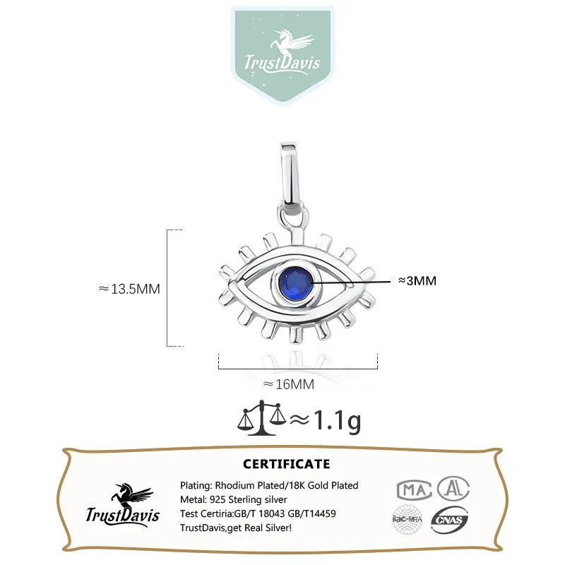 TrustDavis 925 Sterling Silver Vintage Eye Zircon Pendant Necklace for Women Handmade DIY Jewelry