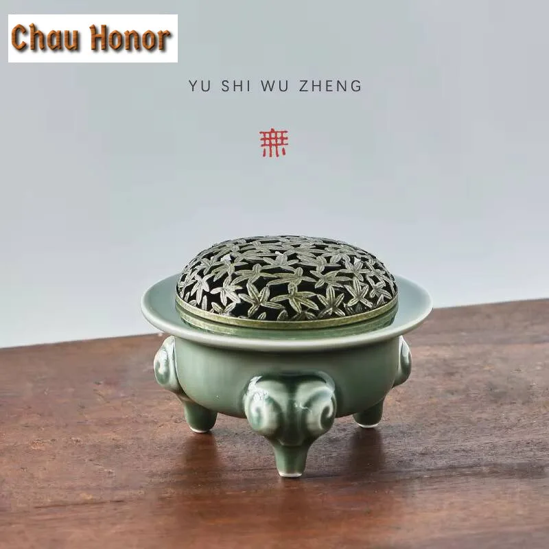 Sanyang Kaitai Yue Kiln Celadon  Incense Holder Boutique Three Legged Water Fountain Decoration Scented Aromatic Candles Teaware