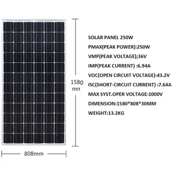 Solar Panel 250W 1500W 24V Monocrystalline Solar Battery Charger Off Grid Car Caravan Camping Boat Yacht Motorhomes RV Farm