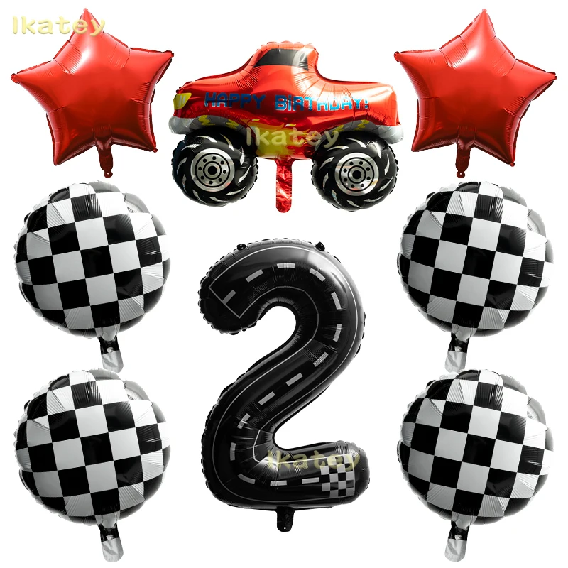 8Pcs Monster Truck Balloons Kit for Kids 2nd Birthday Checkered Star Foil Balloons Number 2 Two Fast Party Decorations Race Fans