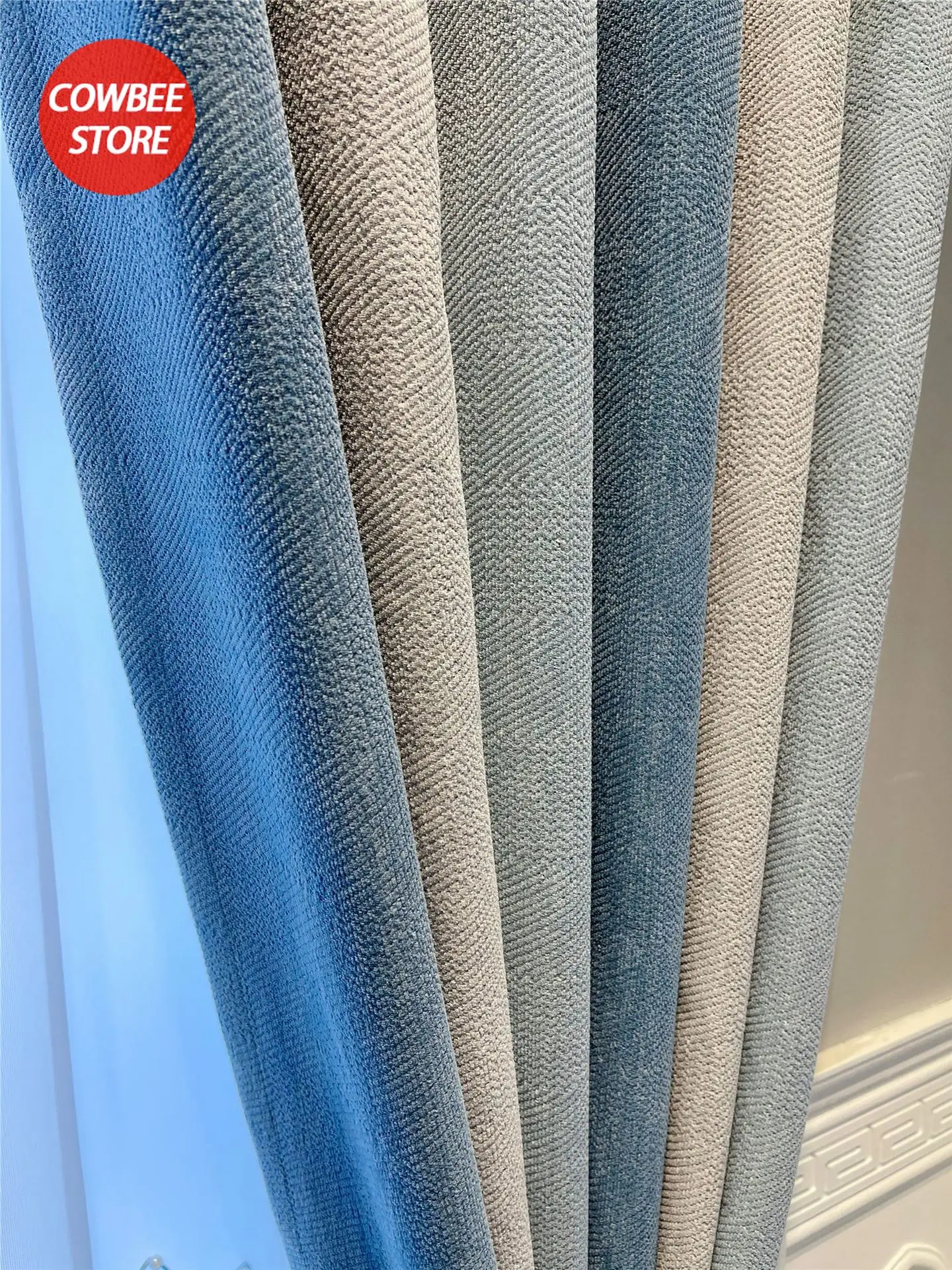 

Splicing Curtains Cloth Blackout Plain Tricolor Strip Curtain for Living Room Children's Room Curtains Blue Gray Solid Color