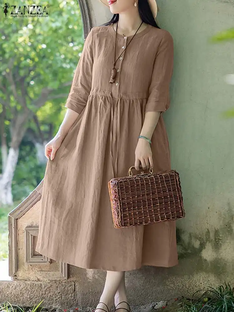 

ZANZEA Fashion A Line Loose Dresses Women Summer Dress Elegant Solid Short Sleeve Sundress Casual Holiday Vestidos Robe Femme