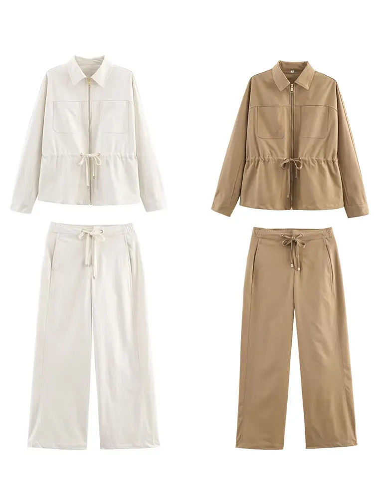 HH Women Autumn New Fashion Pants Sets Long Sleeve Lapel Zipper Jacket With Belts Drawstring Wide Leg Trousers Suits Streetwear