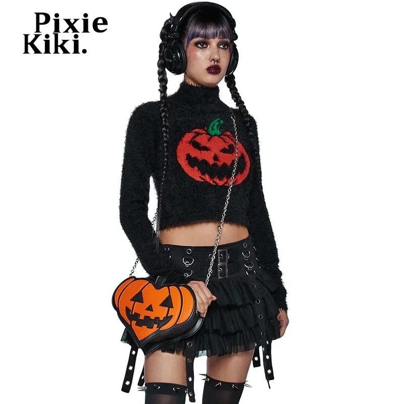 

PixieKiki Halloween Funny Pumpkin Black Turtleneck Sweaters Y2k Fall Winter Knit Crop Top Kawaii Girls Graphic Jumpers P95-EF41