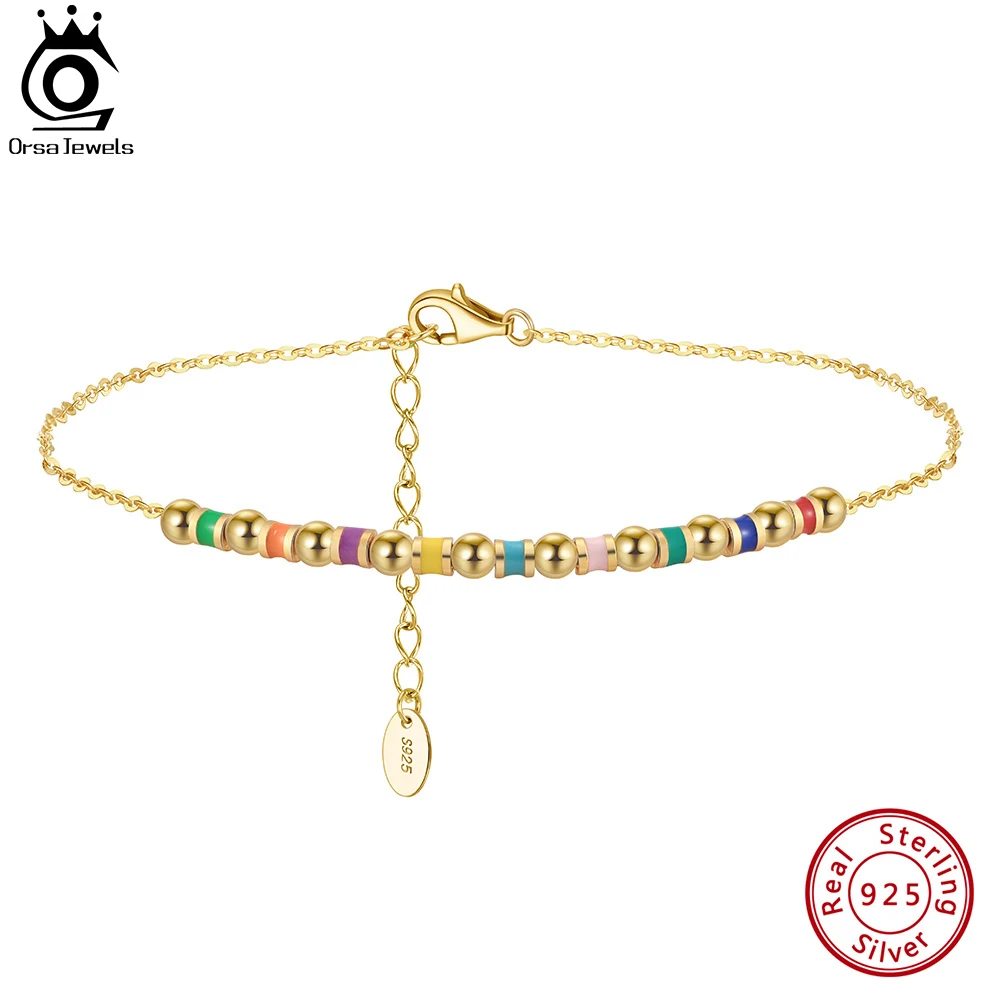 ORSA JEWELS 14K Gold Colourful Round Beads Anklet for Women 925 Sterling Silver 1mm Cable Link Chain Foot Bracelet Anklets SA94