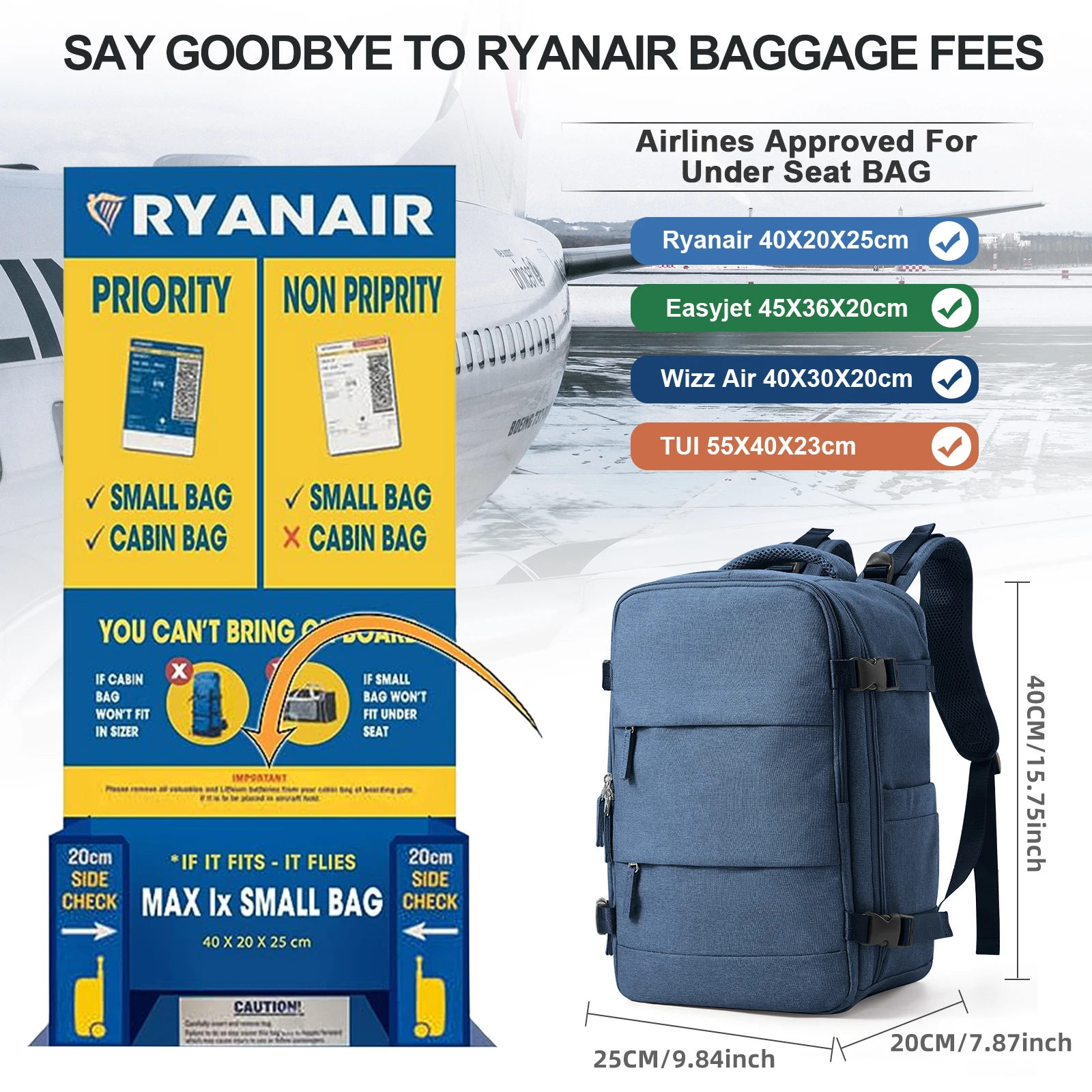 Sac De Voyage Sac Cabine Ryanair 40x20x25cm Lossga - 20L Avec Port USB - Bagage à Main Approuvé Valise Avion Ryanair 40x20x25