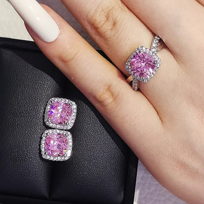 2pcs Silver Color Cz Dubai Jewelry Set Ring and Earring for Women Wedding Party