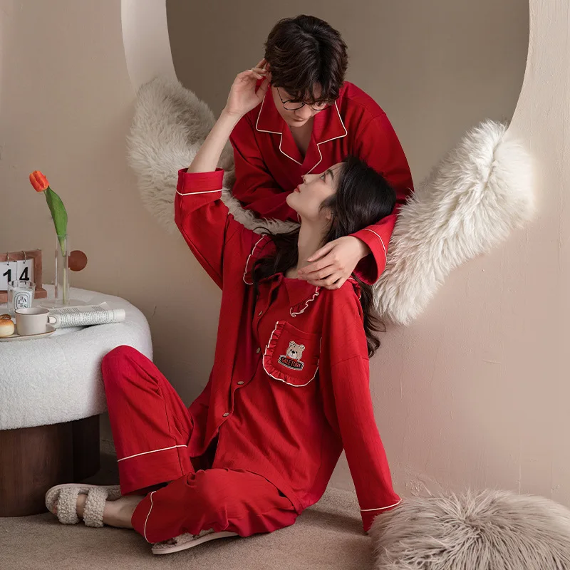 Red Sleepwear For Couples Autumn Cotton Nighwear Women and Men Matching Pajamas Set Korean Cardigan Homewear Mujer Pjs Hombre