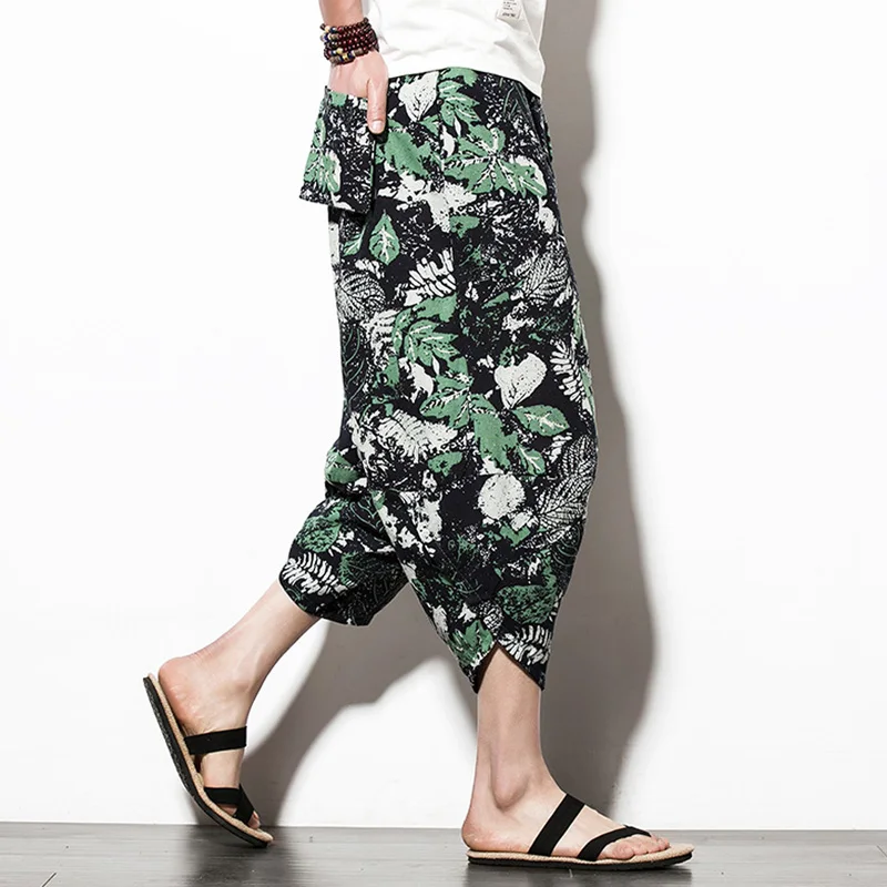 Description Picture 6 of itemMen Trousers Fashion Ethnic Style Retro Print Harem Trousers Summer Wide Leg Cotton Linen Beach Pants Male Drawstring Yoga Pant