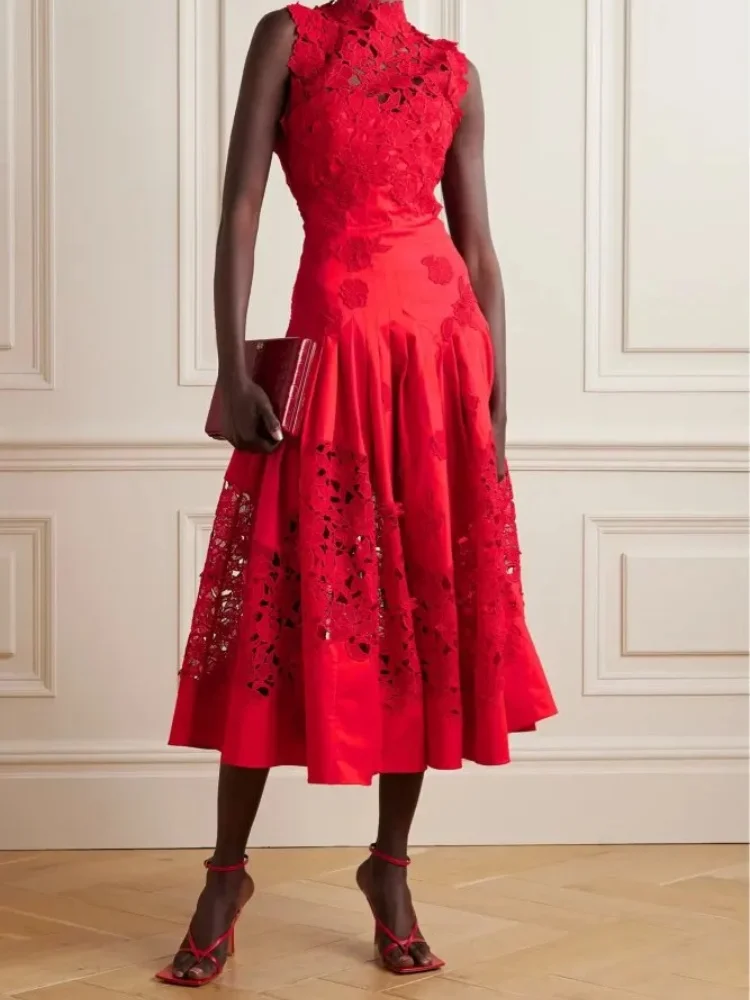 

2024 Plus Size Customize Women's Dress Red Lace Evening Dresses High Neck A Line Tea Length Formal Party Dress Prom Gown