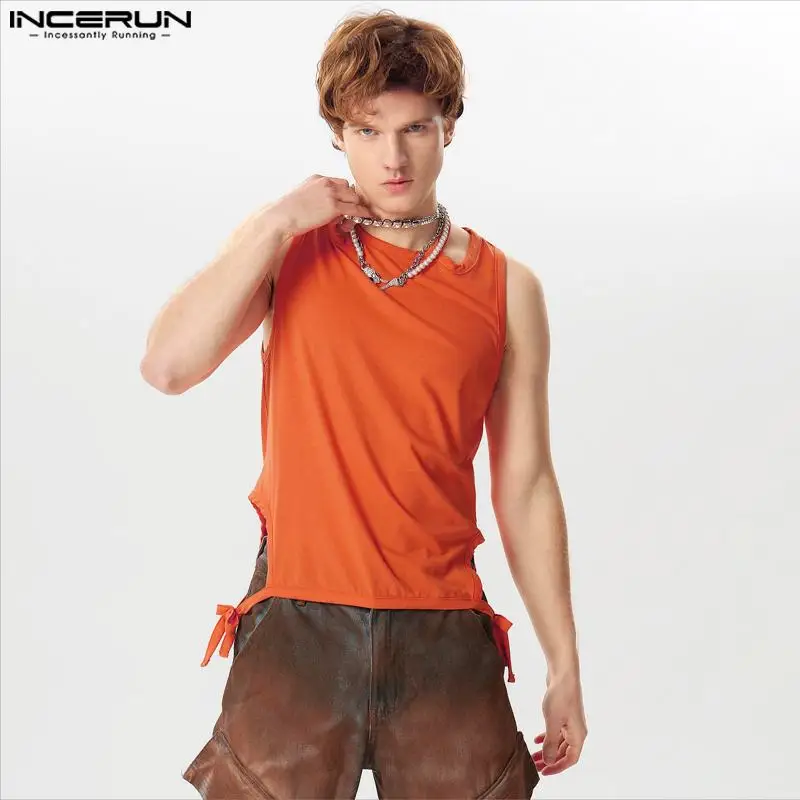 

INCERUN Tops 2024 Handsome New Mens Solid Knitted Hollowed Strap Vests Stylish Casual Male Deconstruction Design Tank Tops S-5XL