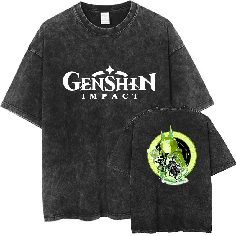 

Женская футболка с принтом из аниме Genshin Impactr, черная летняя уличная одежда
