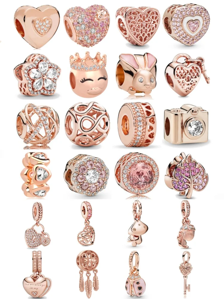  로즈 골드 시리즈 하트 모양, 카메라 비드 잎 펜던트 유럽 오리지널 팔찌 DIY 절묘한 보석에 적합