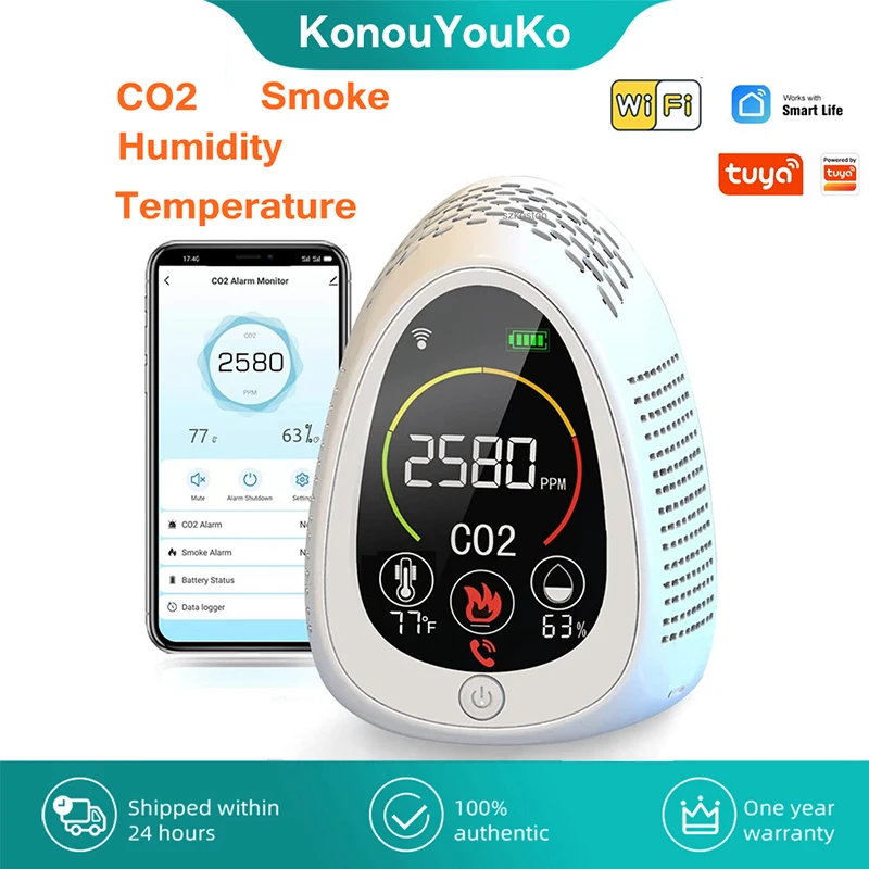 

Tuya Smart Home Wifi CO2 Smoke Detector Alarm Air Quality Monitor LCD Display Temperature Humidity Sensor Security Protection