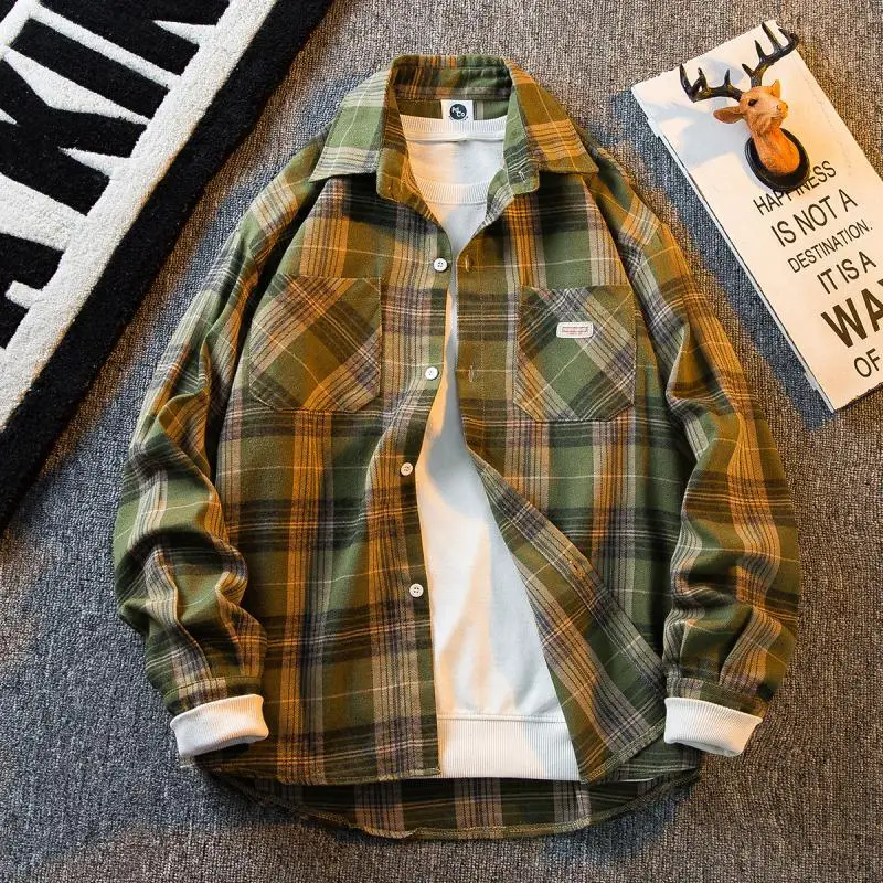 

Рубашка мужская клетчатая в стиле ретро, модная брендовая Сорочка свободного покроя с длинными рукавами, повседневная майка в американском стиле, осень