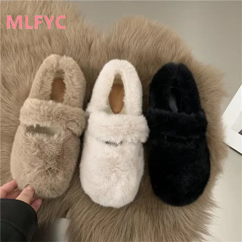 French Style Flat Bottomed Plush Shoes for Women To Wear Outside in Autumn and Winter. New Type of Warm Plush Cotton Shoes