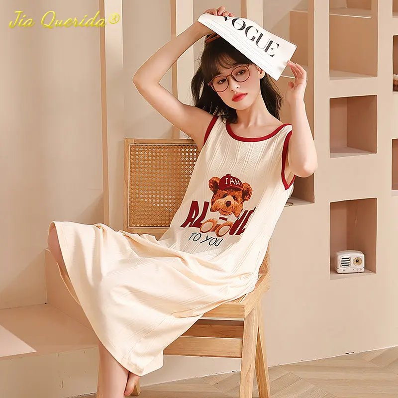 

SUKAE Cute Sleeveless Sleepshirt Summer Cool Long Gowns Pajamas L-3XL Cotton Nightdress Woman Dress Clothing Kawaii Home Dress