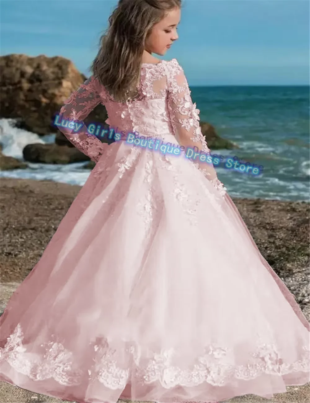 First Communion Dresses Long-sleeved Tulle Lace Decal Princess Flower Girl Dress Wedding Party Ball Dream Kids Surprise Present flower girl dresses