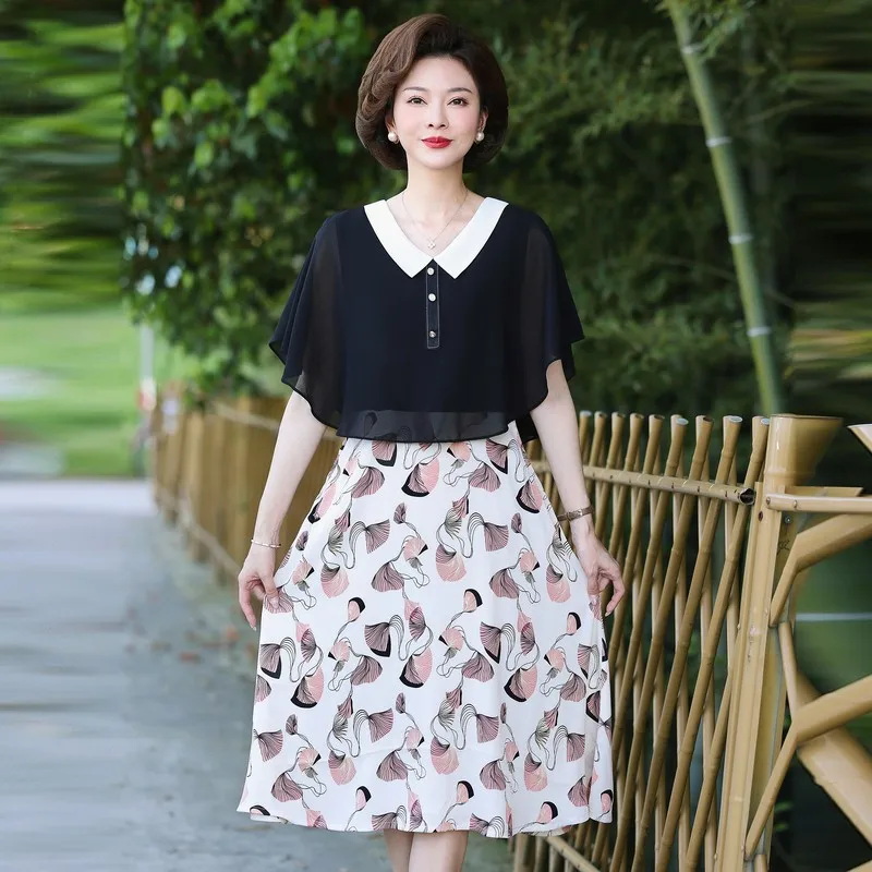 

Платье женское шифоновое с коротким рукавом и воротником-куклой