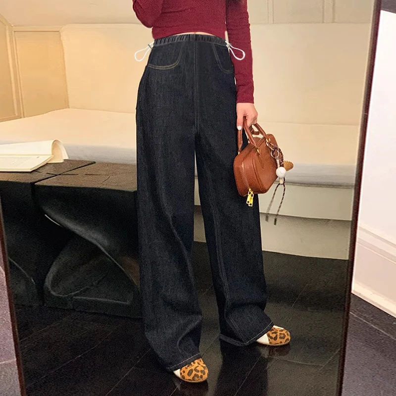 출산용 와이드 레그 청바지 루즈 팬츠 캐주얼 가을 겨울 아우터 블루 데님 빅 사이즈 롱 팬츠 슬리밍 효과