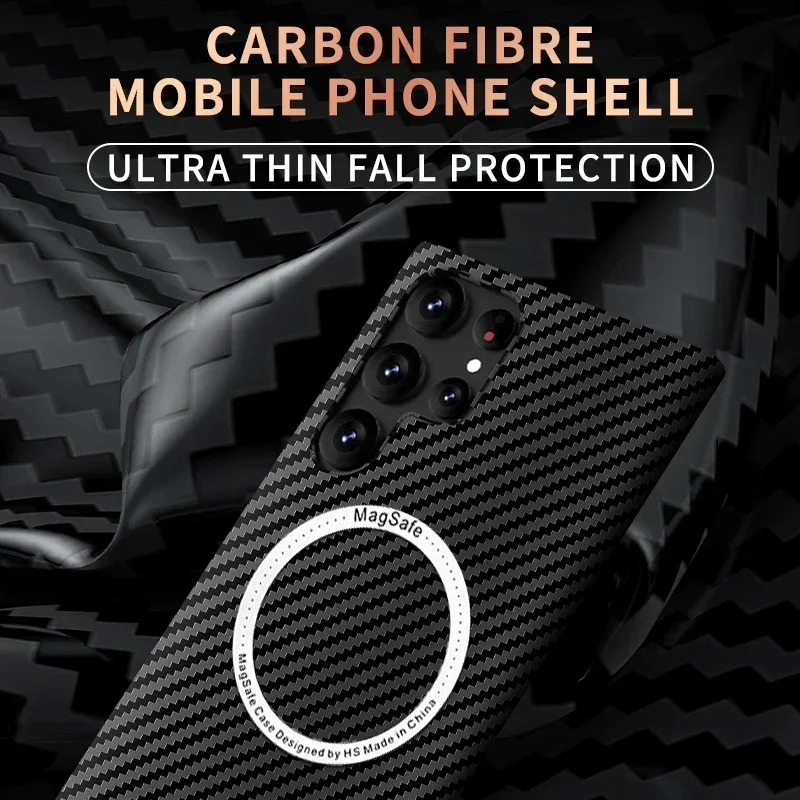 Carbon Fiber Texture Magnetic Ultra Slim Protective Case with Matte MagSafe Ring Armor Cover