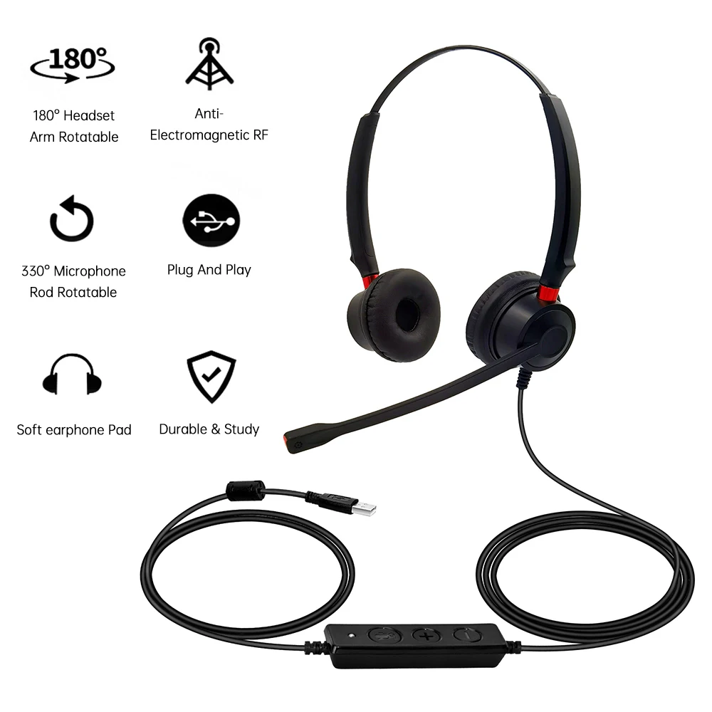 USB Wired Computer Headset with Microphone Noise-reduction Universal Office Call Center Headphone Support Volume Control Mute