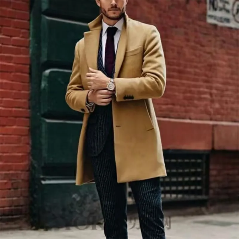 

Office Male Casual Woolen Trench Coats Classic Turn-down Collar Buttoned Mid Jacket Spring Long Sleeve Slim Woolen Jackets Men