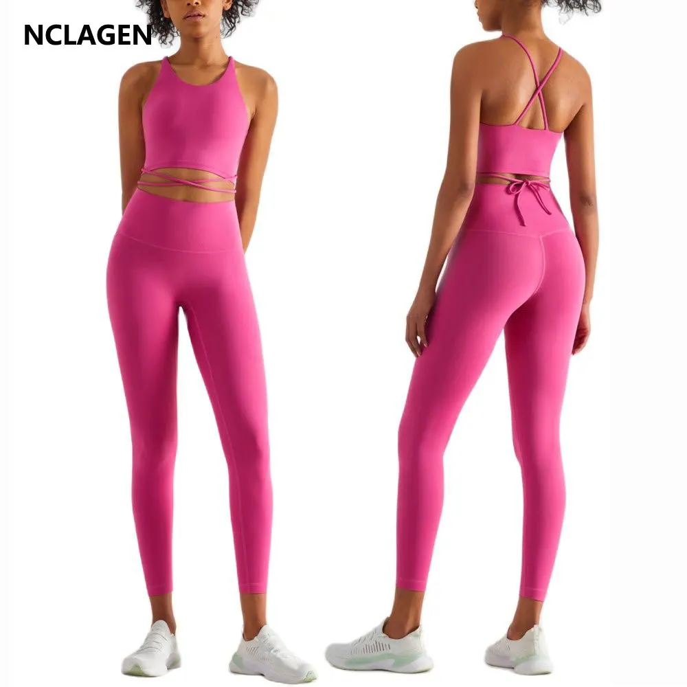 

NCLAGEN Sports Suit Women's 2 Piece Yoga Set Gym Clothes Naked Feel High Waist Leggings Top Elastic Workout Fitness Sportwear