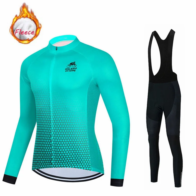 Winter Cycling Jersey Set Bike Long Sleeve Cycling Clothing Fleece Road Bike Shirt MTB Maillot Thermal Fleece Set SALEXO