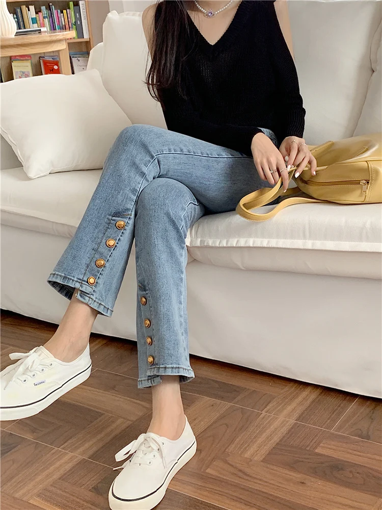 

Vintage Wide Leg Pants Women Atumn Spring Streetwear Female Slim Denim Jeans Buttons High WaistLadies Trousers