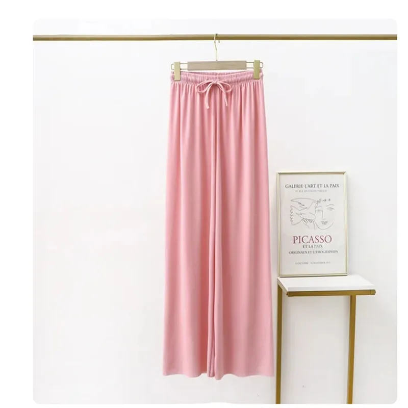 Women Ankle-Length Wide Leg Pants Casual Summer Solid Elastic Waist Loose Ice Silk Pants Spring Summer Female Trousers