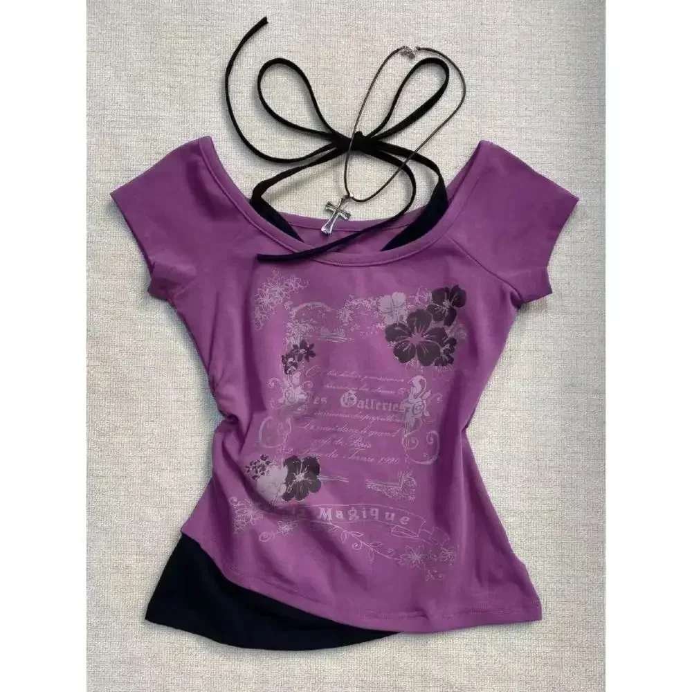 Y2k stitch women clothing Vintage Sweet Sexy Short-sleeved T
