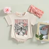 2023-02-28 Lioraitiin 0-18M Infant Baby Girl 2Pcs Bodysuit Short Sleeve Letters  Flower Print Jumpsuit Bowknot Headband 1