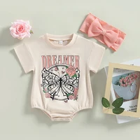 2023-02-28 Lioraitiin 0-18M Infant Baby Girl 2Pcs Bodysuit Short Sleeve Letters  Flower Print Jumpsuit Bowknot Headband 1