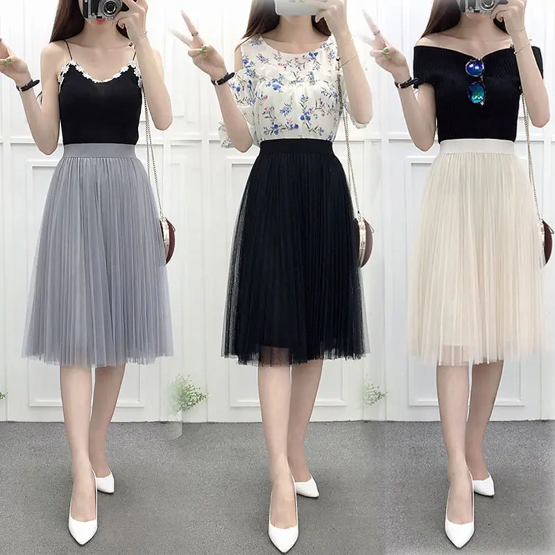 

Mesh Summer Tulle Skirt Women High Waist Pleated Tutu Skirts Korean Black Apricot Lace Solid Midi Dress A-line Dating Skirt