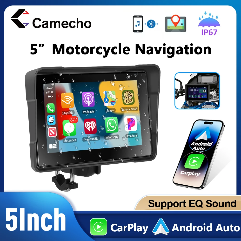 Camecho 5inch Navigation Motorcycle IP67 Waterproof Wireless Android Auto Apple Carplay Display Screen Monitor Portable