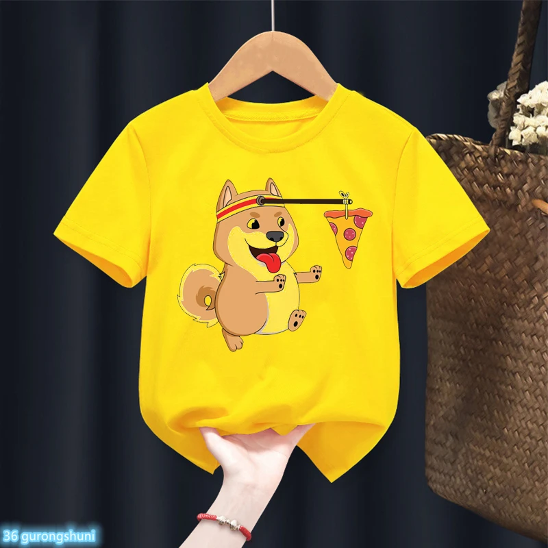 

t-shirt for boys cute Shiba Inu Running Pizza animal print baby tshirt summer yellow short sleeve boys clothes funny kids tshirt