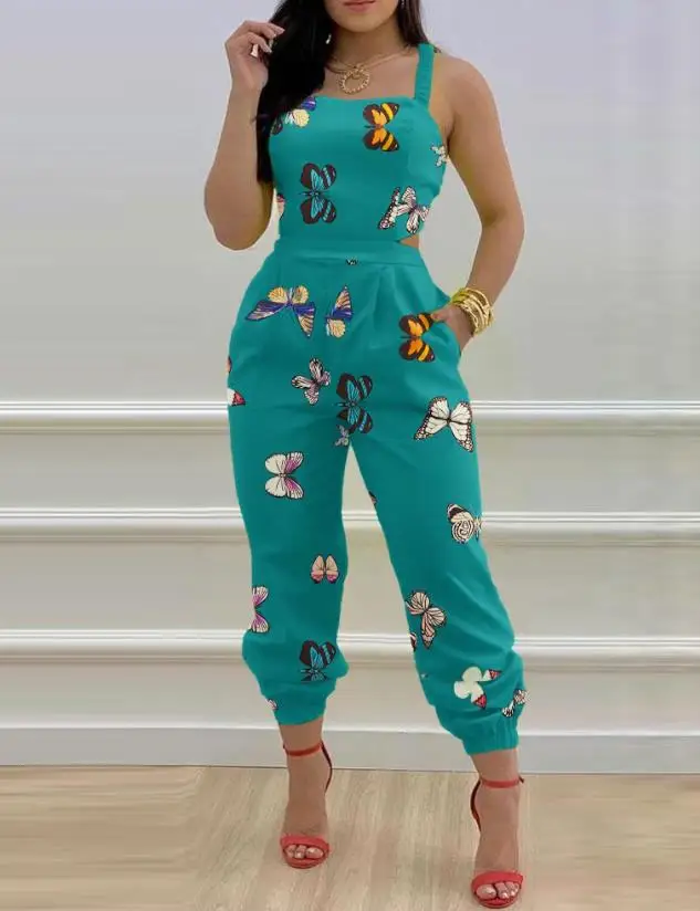 

Jumpsuit Women 2023 Summer Fashion Butterfly Print Criss Cross Tied Detail Backless Casual Square Neck Thick Strap Long Jumpsuit