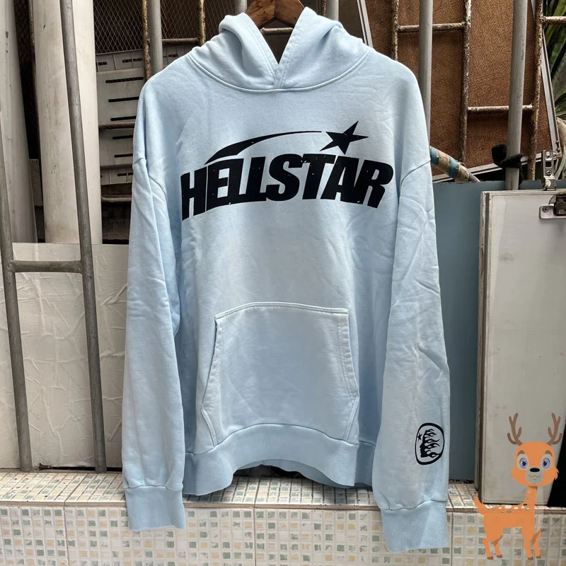 

Hellstar Versatile Vintage Do Old Crack Print Men Women Hoodies American Style Hip Hop High Street Loose Sky Blue Sweatshirts