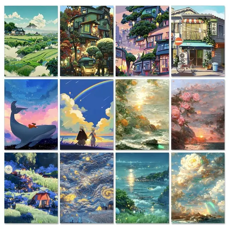 Gatyztory Diy Paint By Numbers Anime Landscape Colouring Paintings
