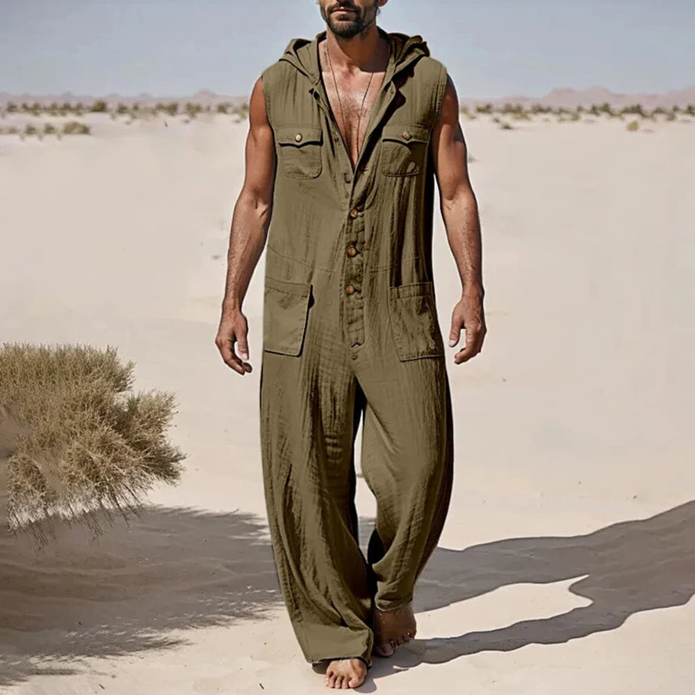 Men's Hooded Jumpsuits Autumn Casual Onesie Cotton Blend Hoodies Romper Solid Streetwear Male Sleeveless Multi-pocket Overalls 2