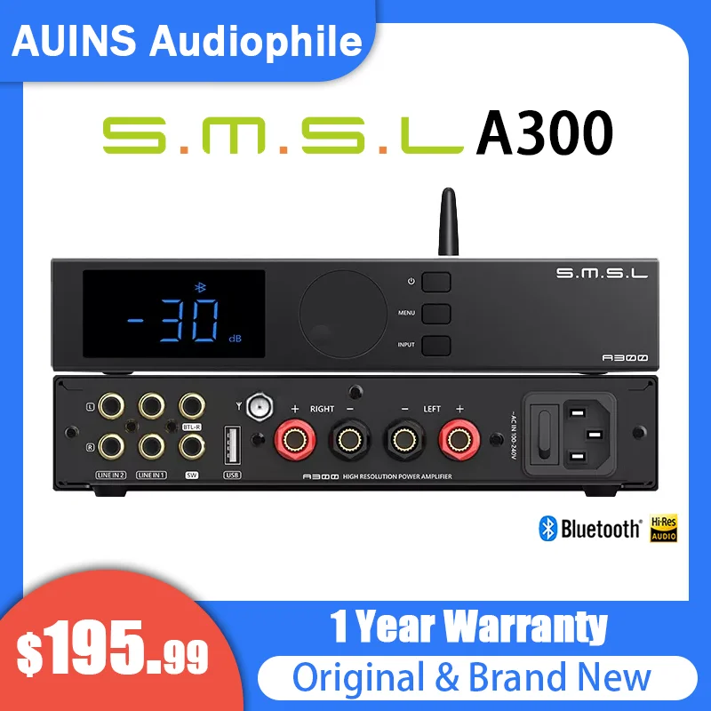 

SMSL A300 Hi-res Power Amplifier Support Passive Speakers & Active Subwoofers 165W*2 BTL Mode Bluetooth5.0 With Remote Control