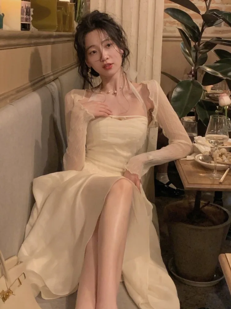 

Elegant Fashion Halter Fairy Midi Dresses Summer Woman Korean Solid A Line Birthday Evering Party Vestidos Female Clothes