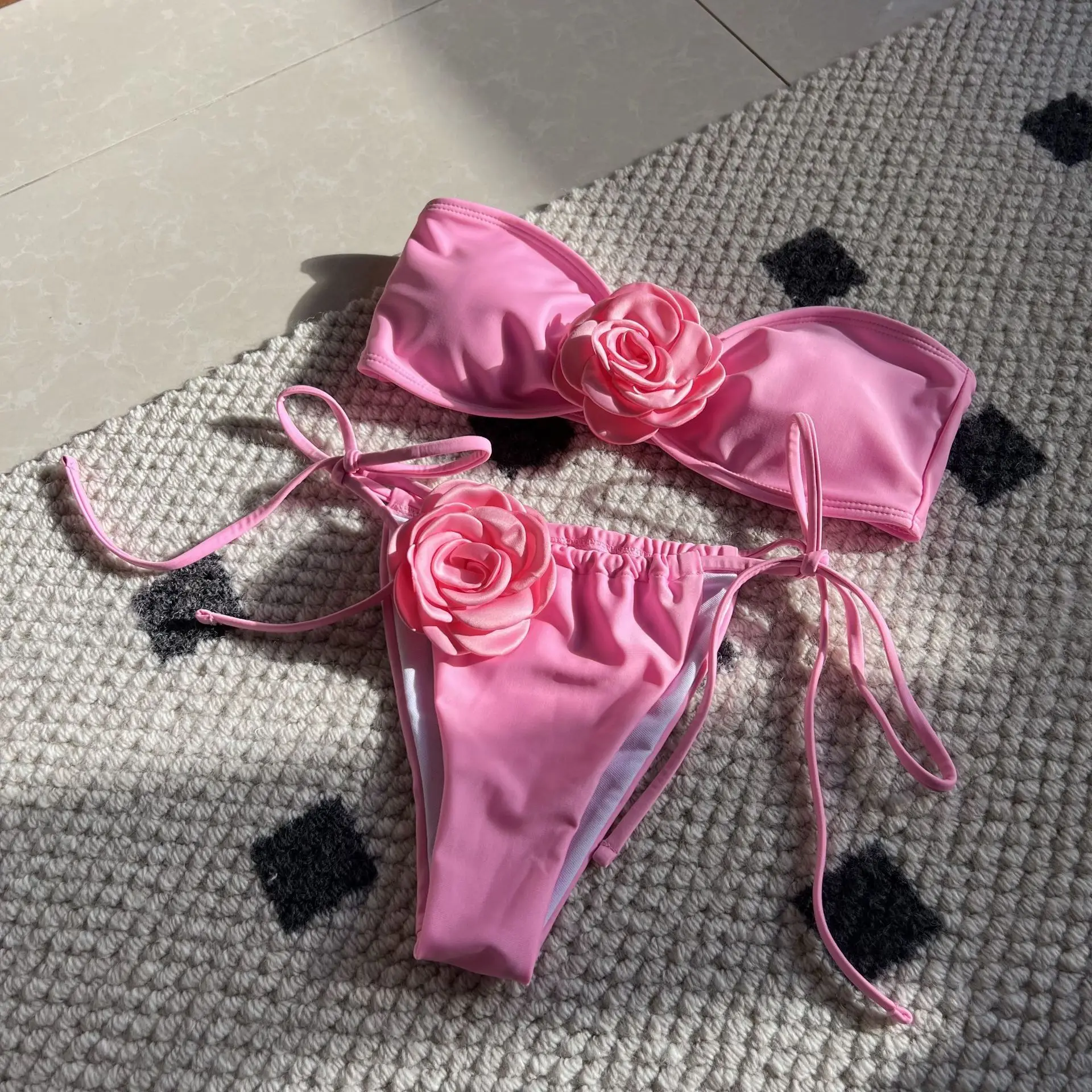 New Solid Color Rose Women's Bikini Drawstring Strap Split Swimsuit