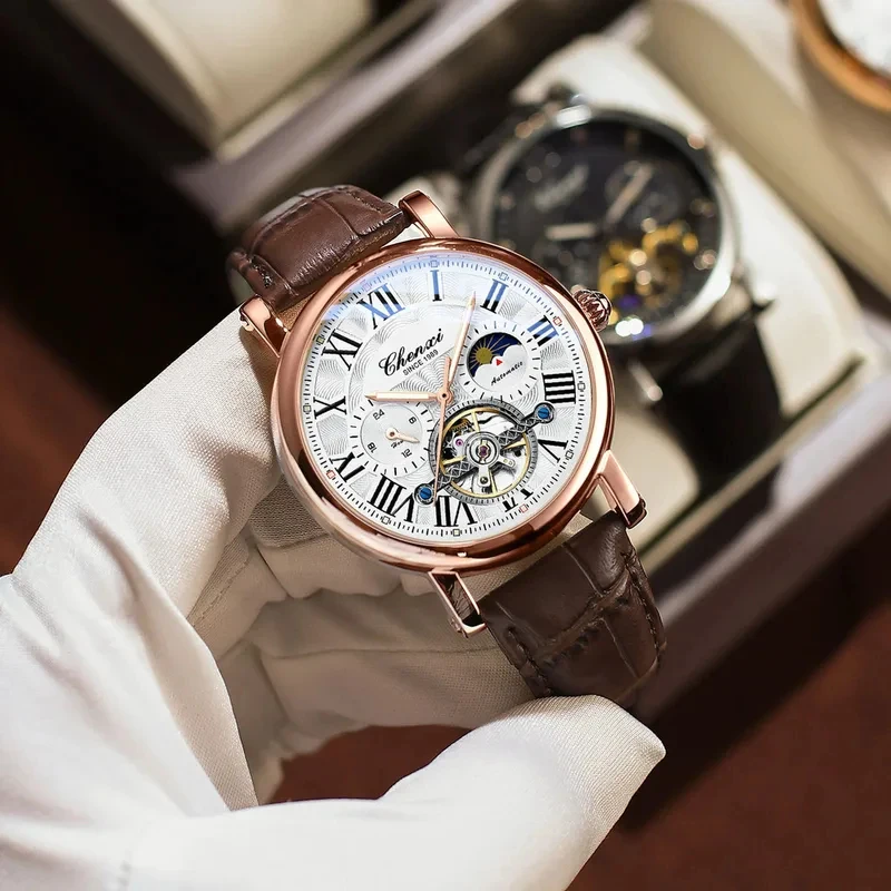 Business Fashion Men Automatic Mechanical Watch Hollow Skeleton Dial Leather Strap Waterproof Luxury Reloj Hombre Present - 5